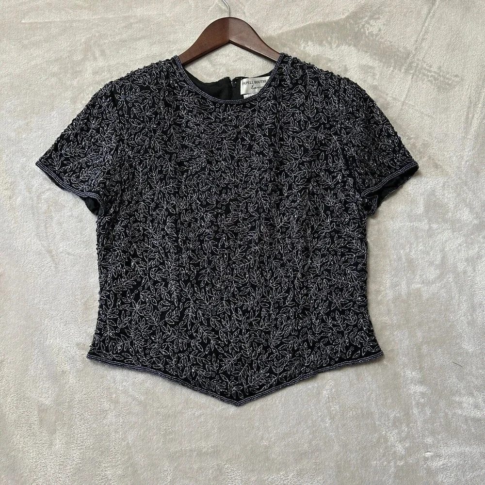 Adrianna Papell Silk‎ Top Formal Black Beaded Medium Embellished Zip Fairy Goth